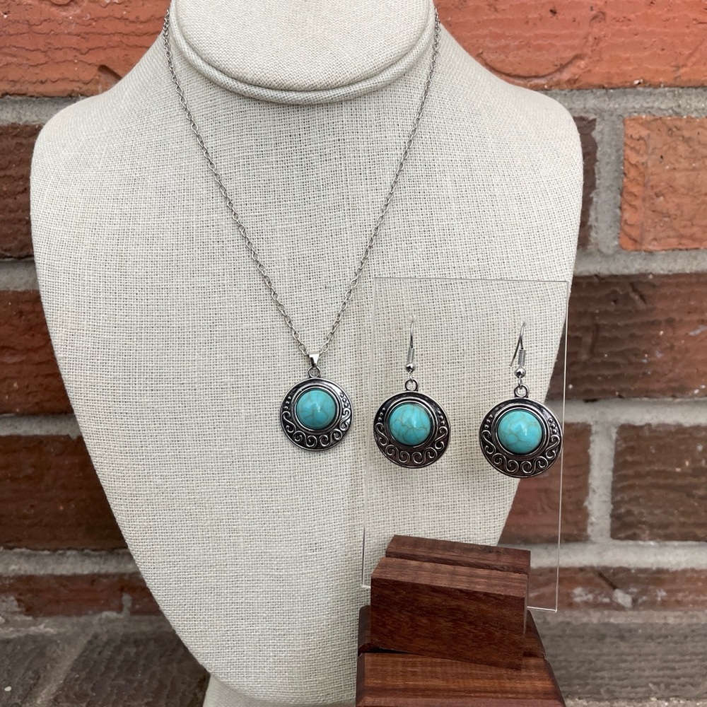 Filigree Necklace and Earring Set with Faux Turquoise - Picture 2 of 2